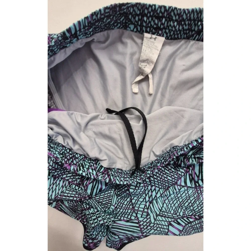 Under Armour womens black/teal/purple print running shorts XL Heat Gear exercise